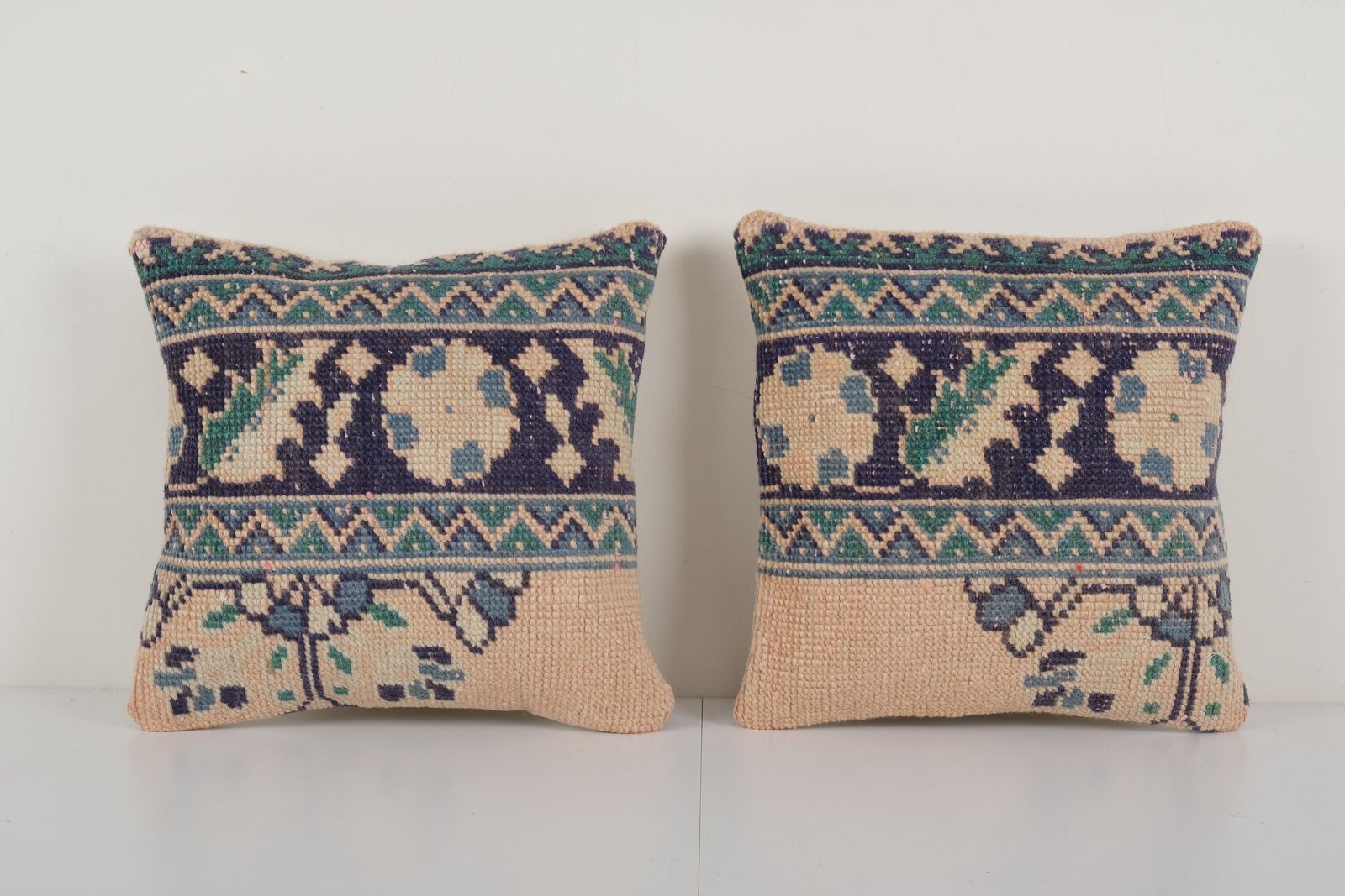 Set Of Two Muted Ecru Carpet Rug Pillow, Pair Faded Ethnic Turkish Yastik Pillow   Designer 16'' X 16''