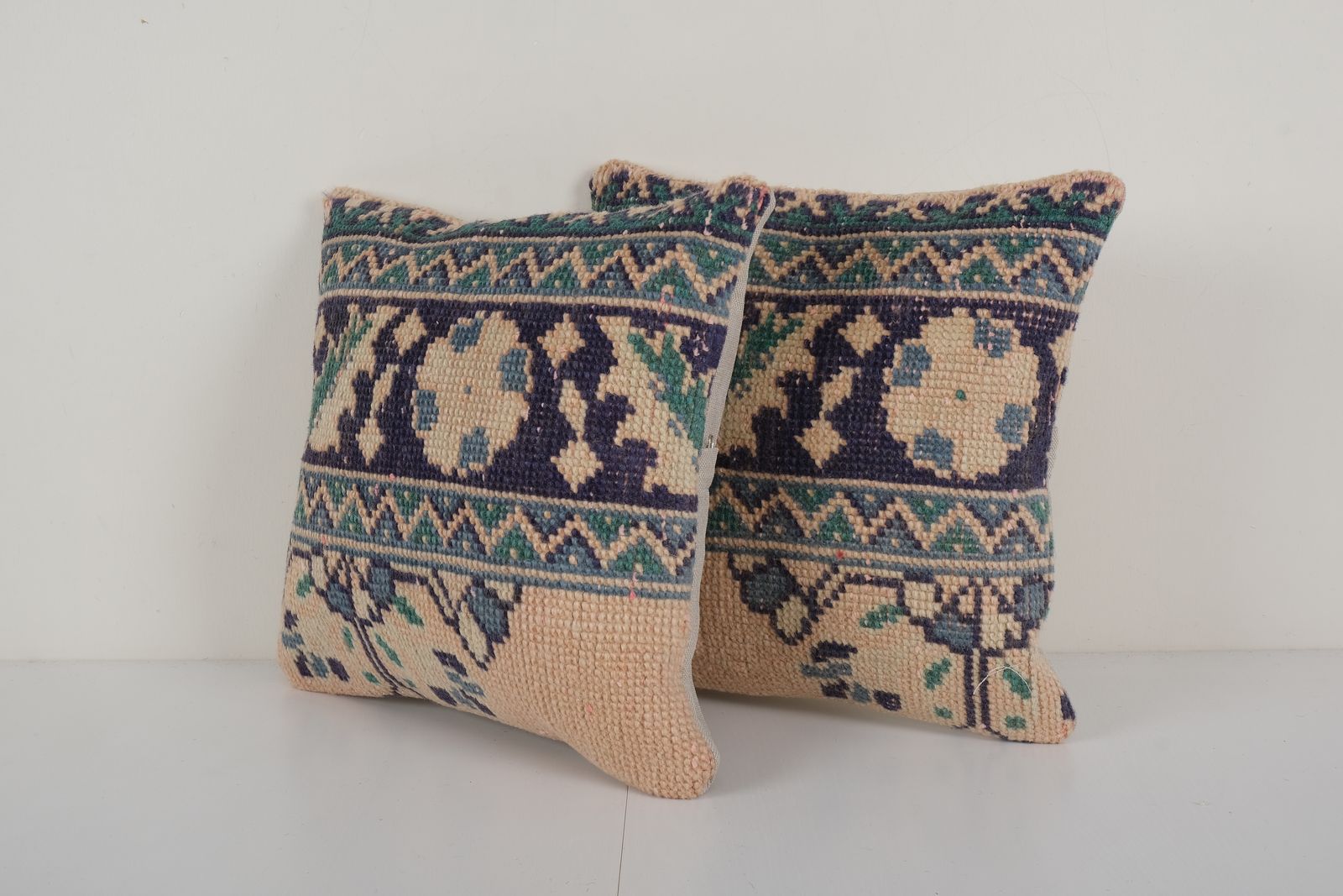 Set Of Two Muted Ecru Carpet Rug Pillow, Pair Faded Ethnic Turkish Yastik Pillow   Designer 16'' X 16'' photo Textiles