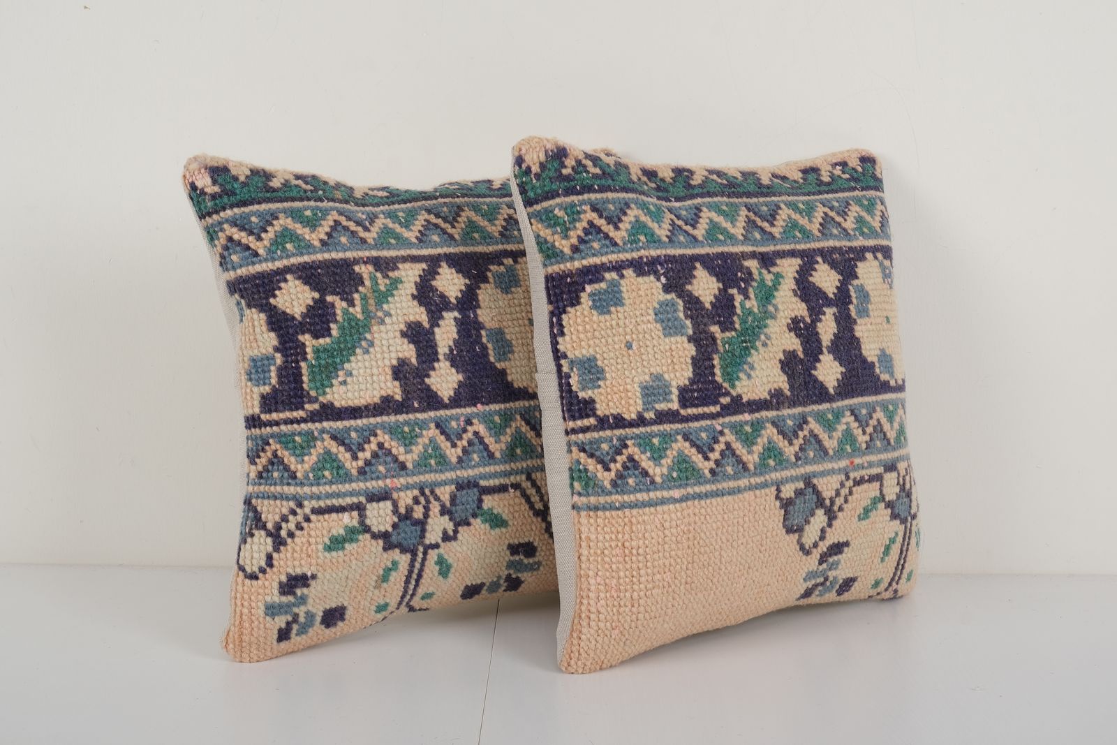 Set Of Two Muted Ecru Carpet Rug Pillow, Pair Faded Ethnic Turkish Yastik Pillow   Designer 16'' X 16'' photo 100.0