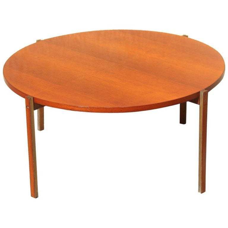 Round Coffee Table Mid Century Modern Italian Design Wood Teak Brass Parts