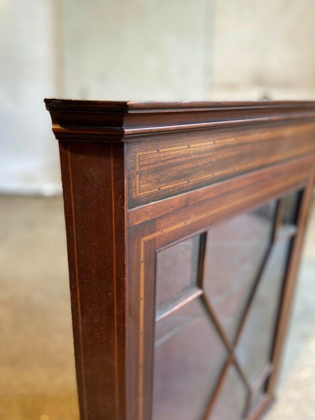 20thc Glazed Mahogany Wall Corner Cabinet Inlaid 2 Glass Shelves photo furniture
