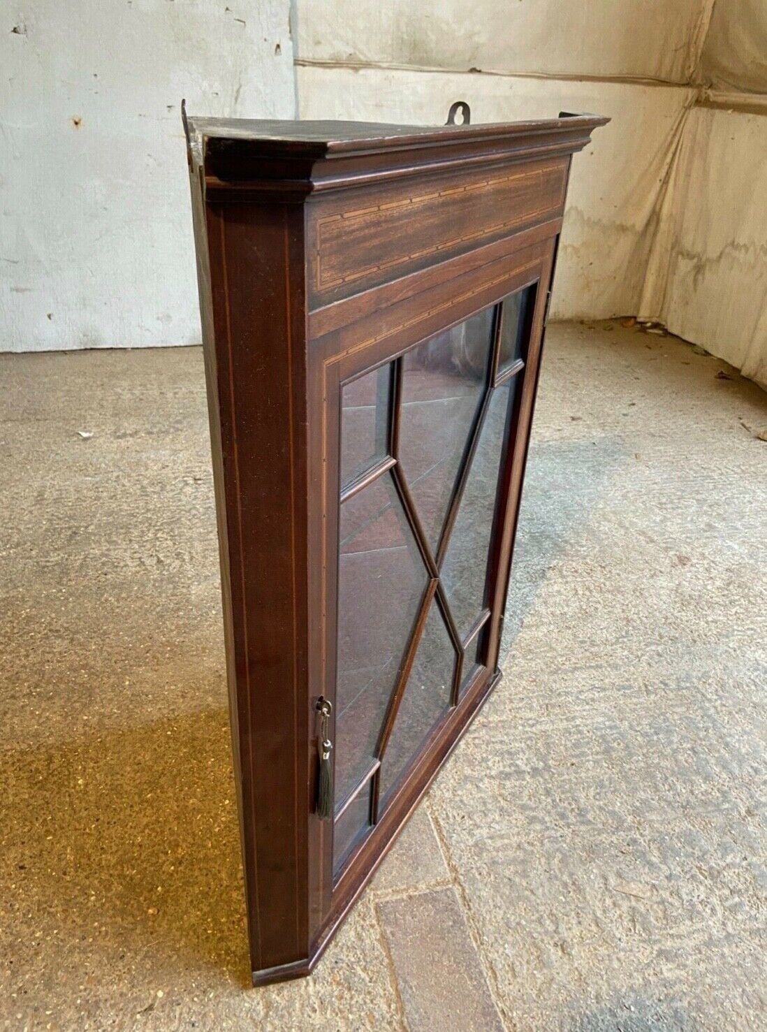 20thc Glazed Mahogany Wall Corner Cabinet Inlaid 2 Glass Shelves photo 145.0