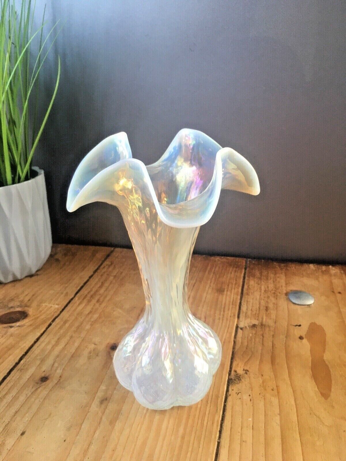 Art Nouveau Bohemian Kralik Opalescent Ruffled Glass Bud Vase Mother Of Pearl photo furniture