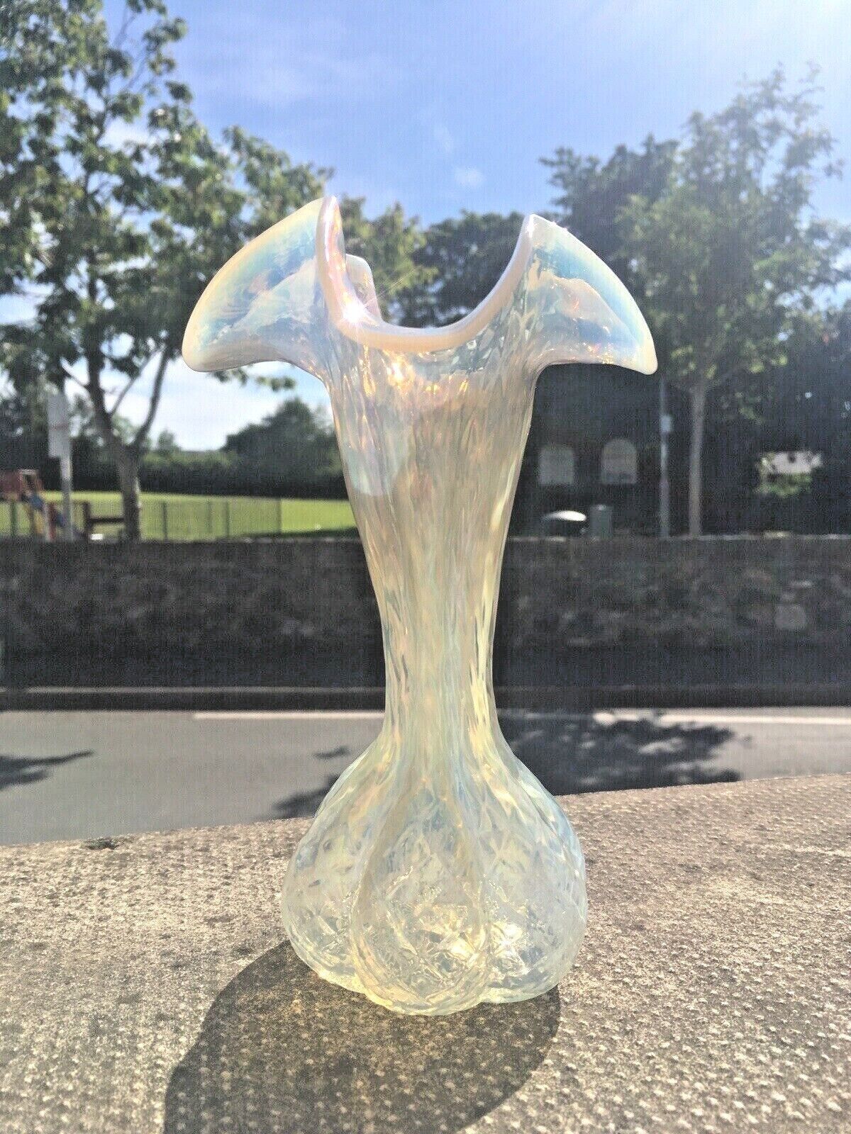 photo for sale Art Nouveau Bohemian Kralik Opalescent Ruffled Glass Bud Vase Mother Of Pearl