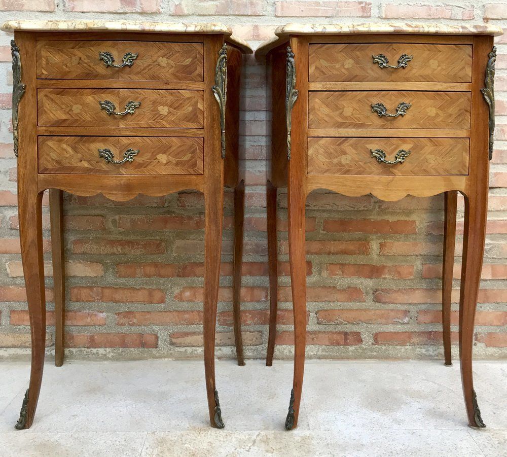 Mid Century Bedside Tables In French Walnut With Marquetry & Marble Top, Set Of 2