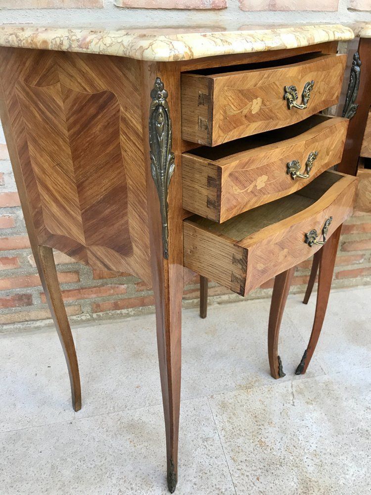 Mid Century Bedside Tables In French Walnut With Marquetry & Marble Top, Set Of 2 photo 3129.0