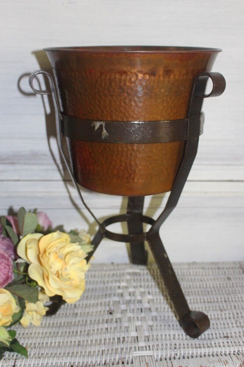 French Vintage Hammered Copper Pot With Cast Iron Support 1960s photo for sale