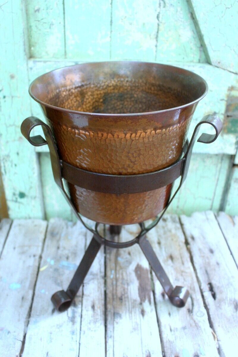French Vintage Hammered Copper Pot With Cast Iron Support 1960s photo vintage