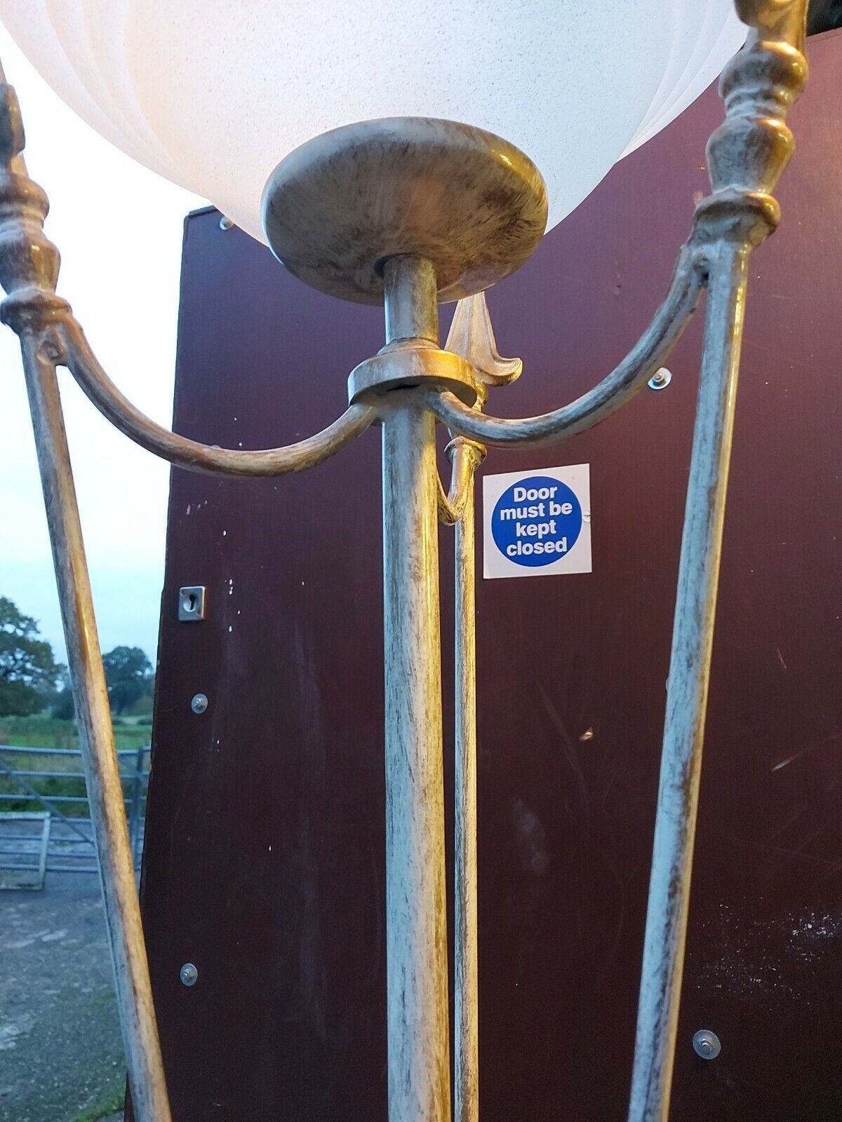 Lighting Very Decorative White Brush Effect On Brass Tall Standard Lamp With Frosted Shad photo