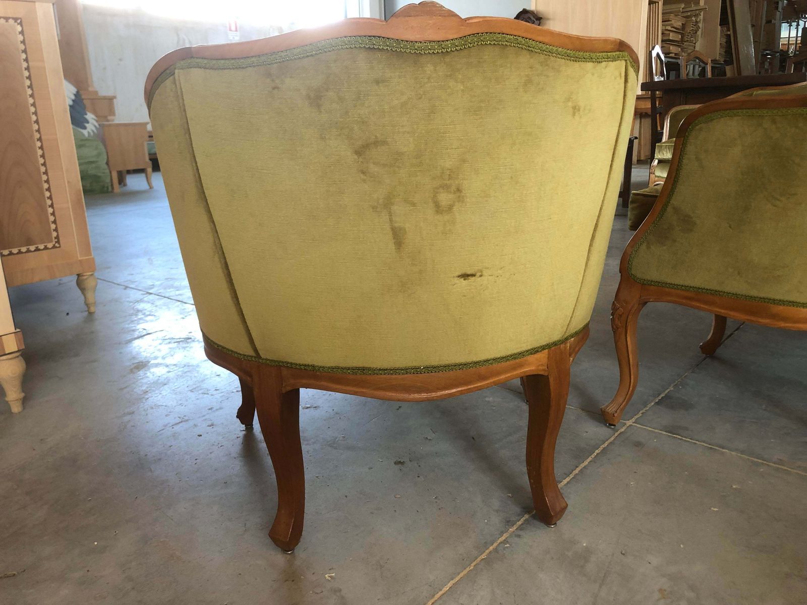 Mid 20th Century Italian Style Armchairs And Sofa In Walnut Wood Carved   Set Of 3 Pieces photo for sale