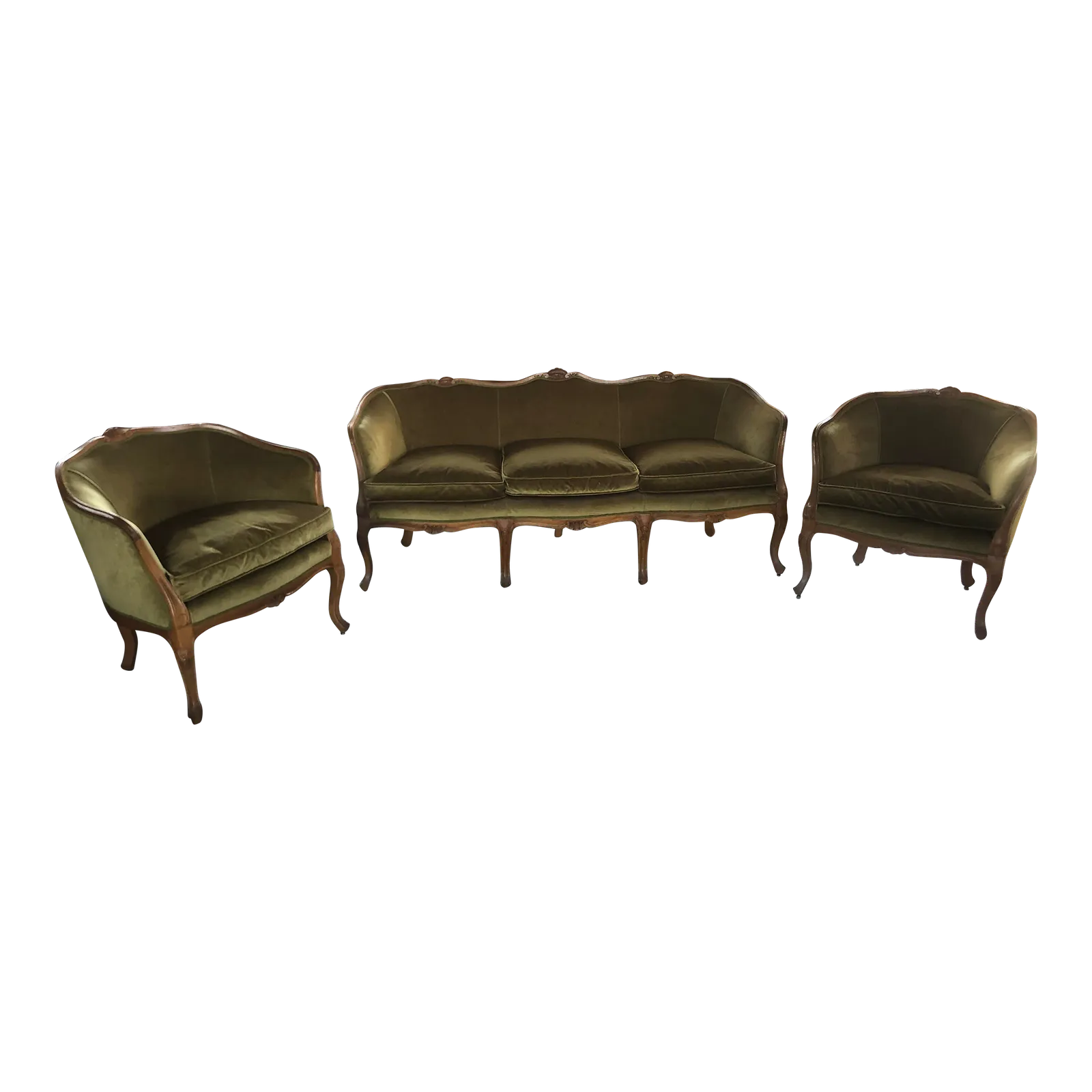 Mid 20th Century Italian Style Armchairs And Sofa In Walnut Wood Carved   Set Of 3 Pieces