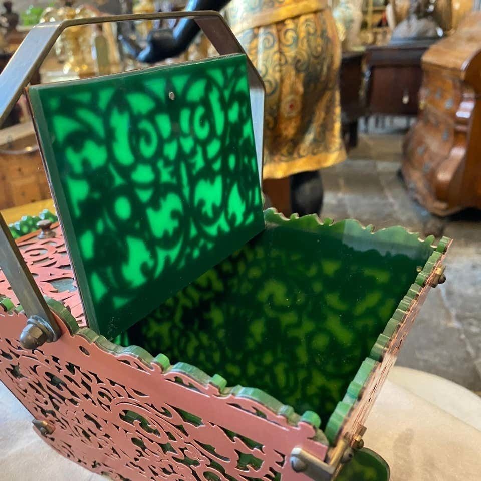 1960s Green And Pink Plexiglass And Brass Italian Basket photo for sale