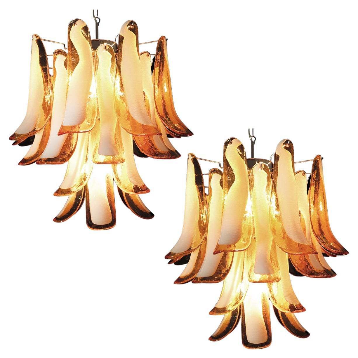 Pair Of Italian Murano 26 Amber Petals Chandeliers, Murano