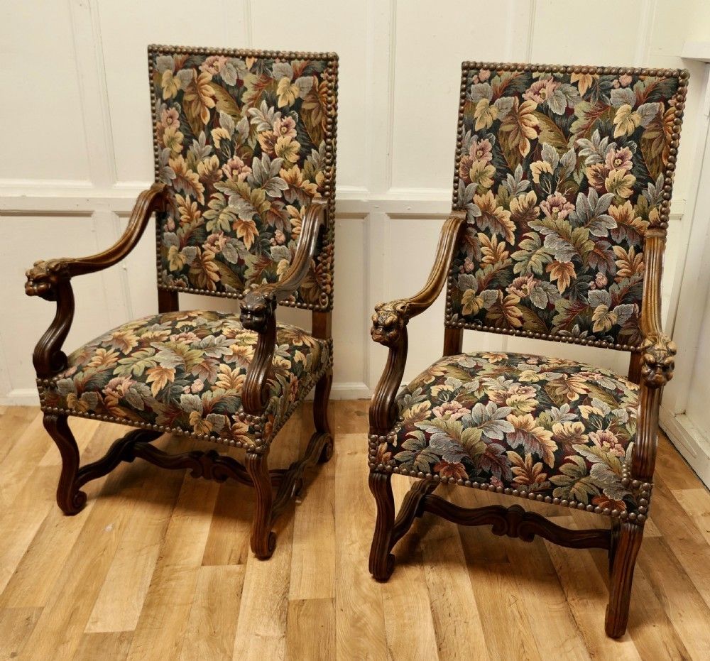 A Pair Of French Arts And Crafts Gothic Walnut Library Chairs