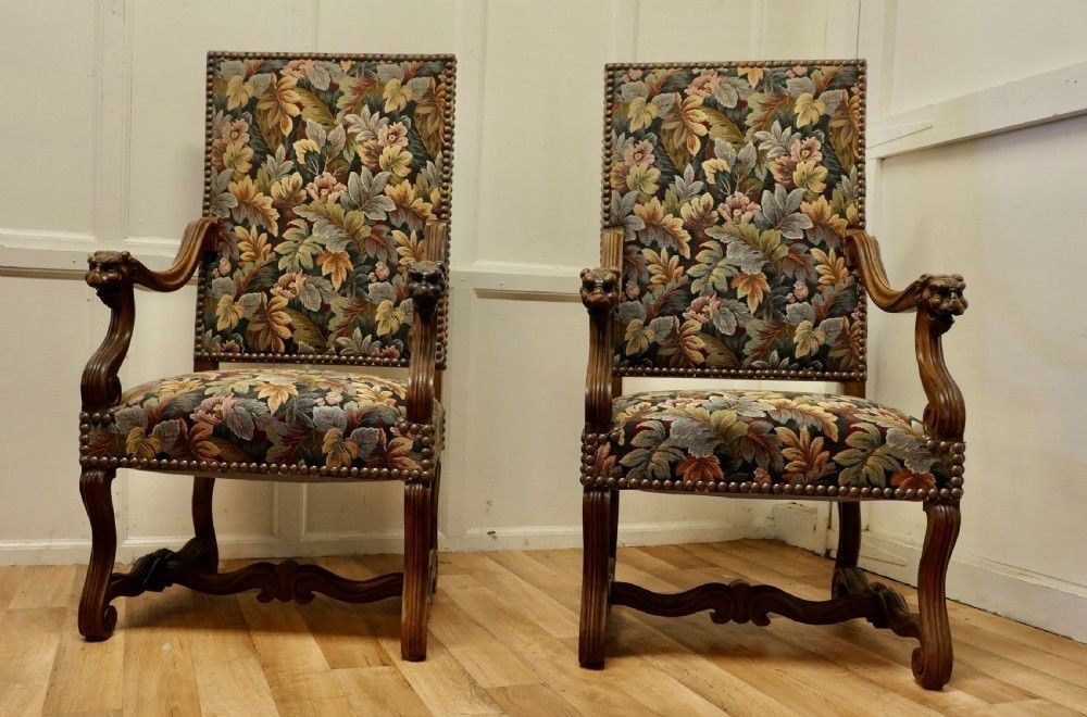 A Pair Of French Arts And Crafts Gothic Walnut Library Chairs photo for sale