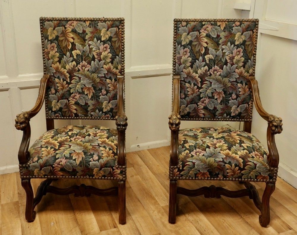 A Pair Of French Arts And Crafts Gothic Walnut Library Chairs photo Furniture