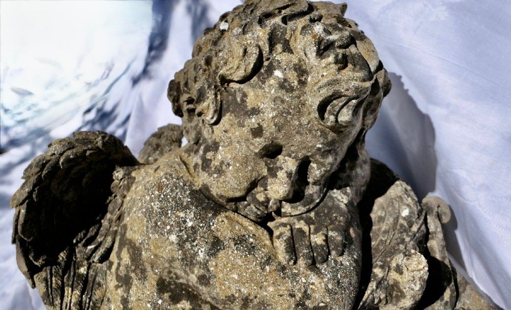French Weathered Stone Statue Of A Sleeping Putti, Baby Cherub With Wings photo 930.0