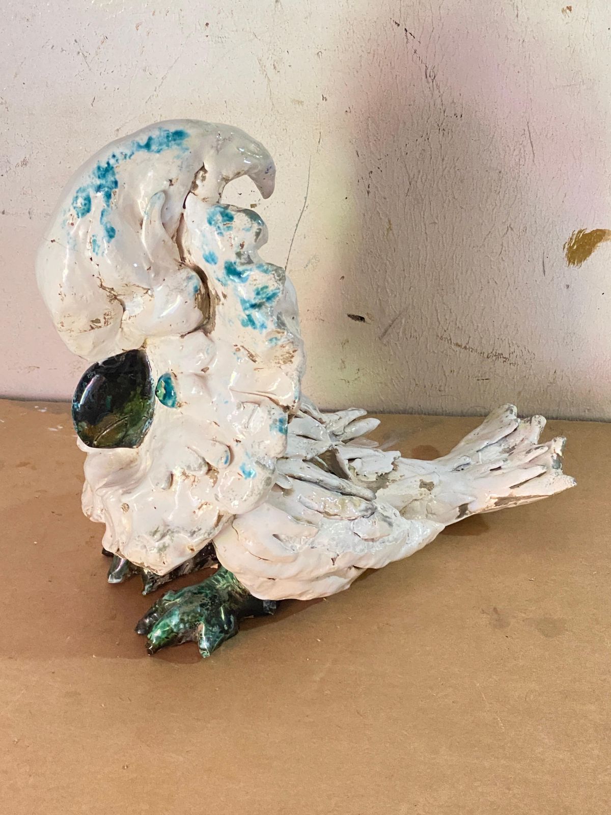 1668.0 Ceramic Bird Sculpture, Enameled, White, Blue And Green Color, France 1960 photo