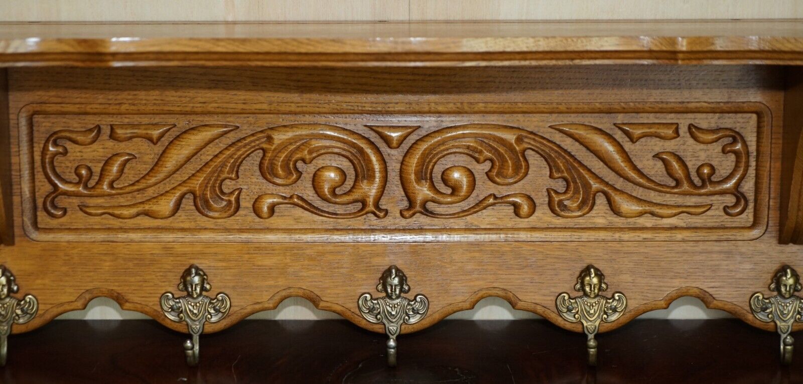 Antique Dutch Hand Carved Oak Coat Hat Scarf Wall Rack Hanger French Hooks photo 950.0