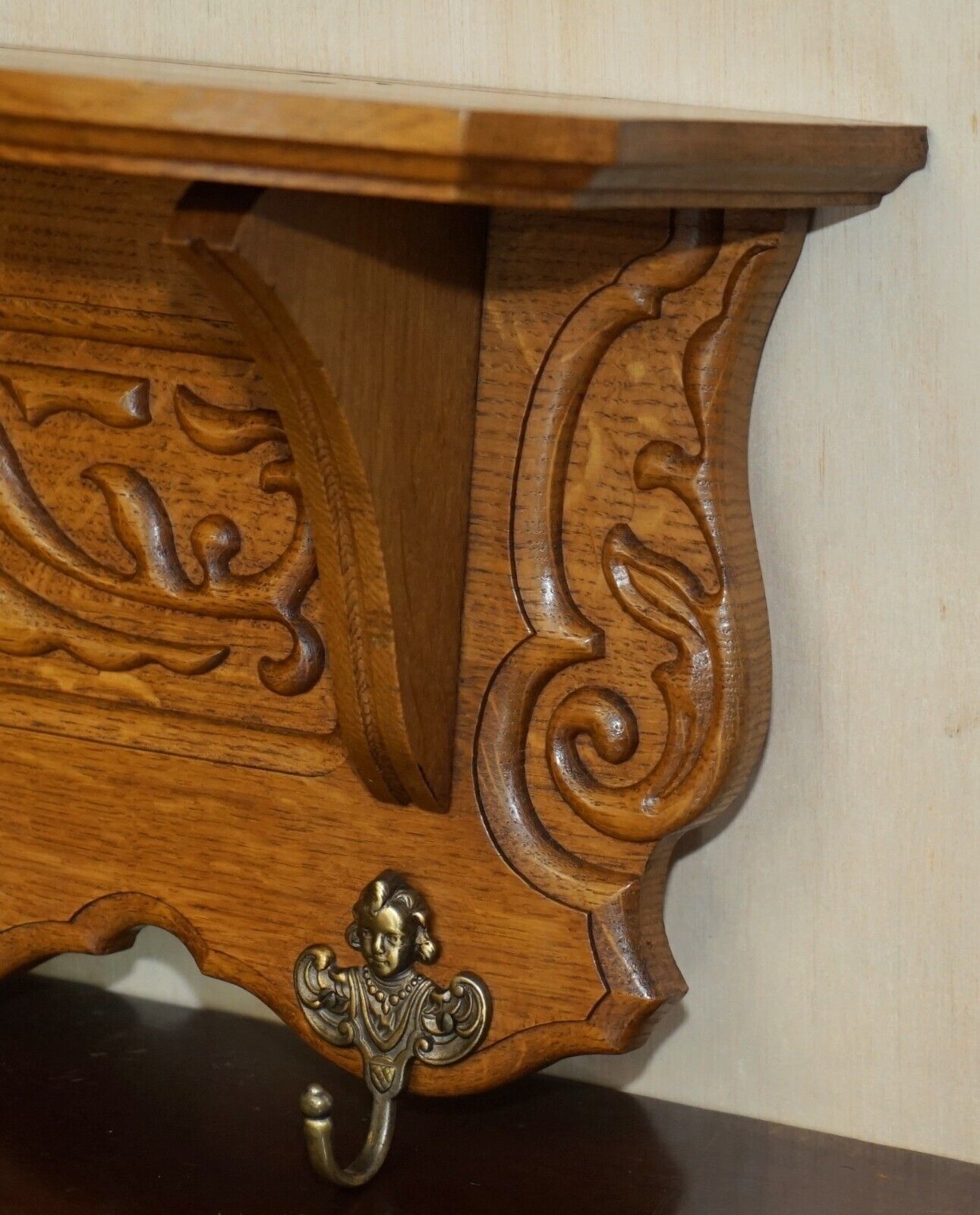 Antique Dutch Hand Carved Oak Coat Hat Scarf Wall Rack Hanger French Hooks photo buy