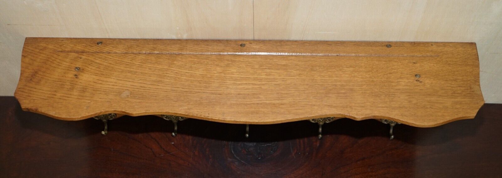 photo for sale Antique Dutch Hand Carved Oak Coat Hat Scarf Wall Rack Hanger French Hooks