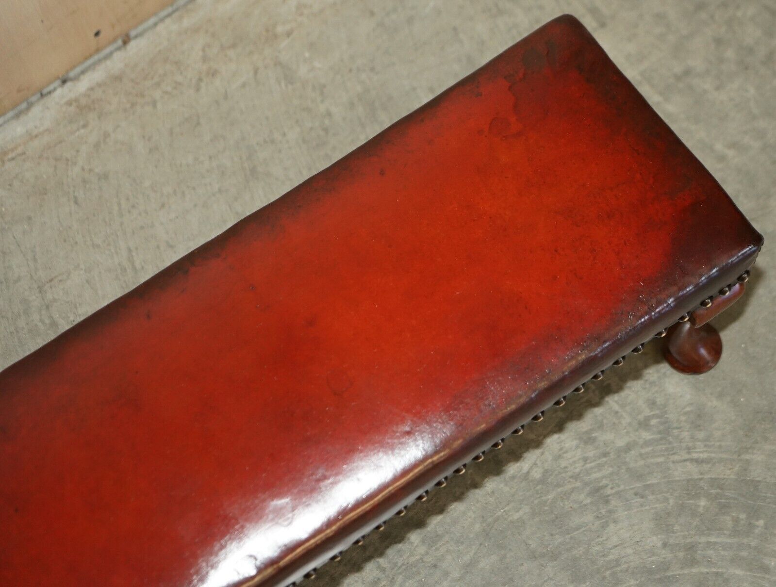 Antique Cabriolet Leg Fully Restored Hand Dyed Bordeaux Leather Tufted Footstool photo 950.0