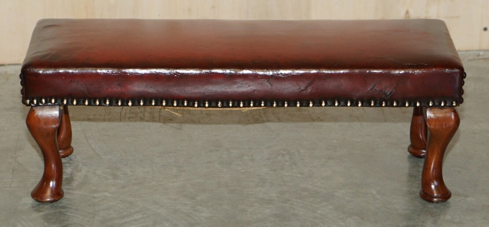 Antique Cabriolet Leg Fully Restored Hand Dyed Bordeaux Leather Tufted Footstool photo vintage
