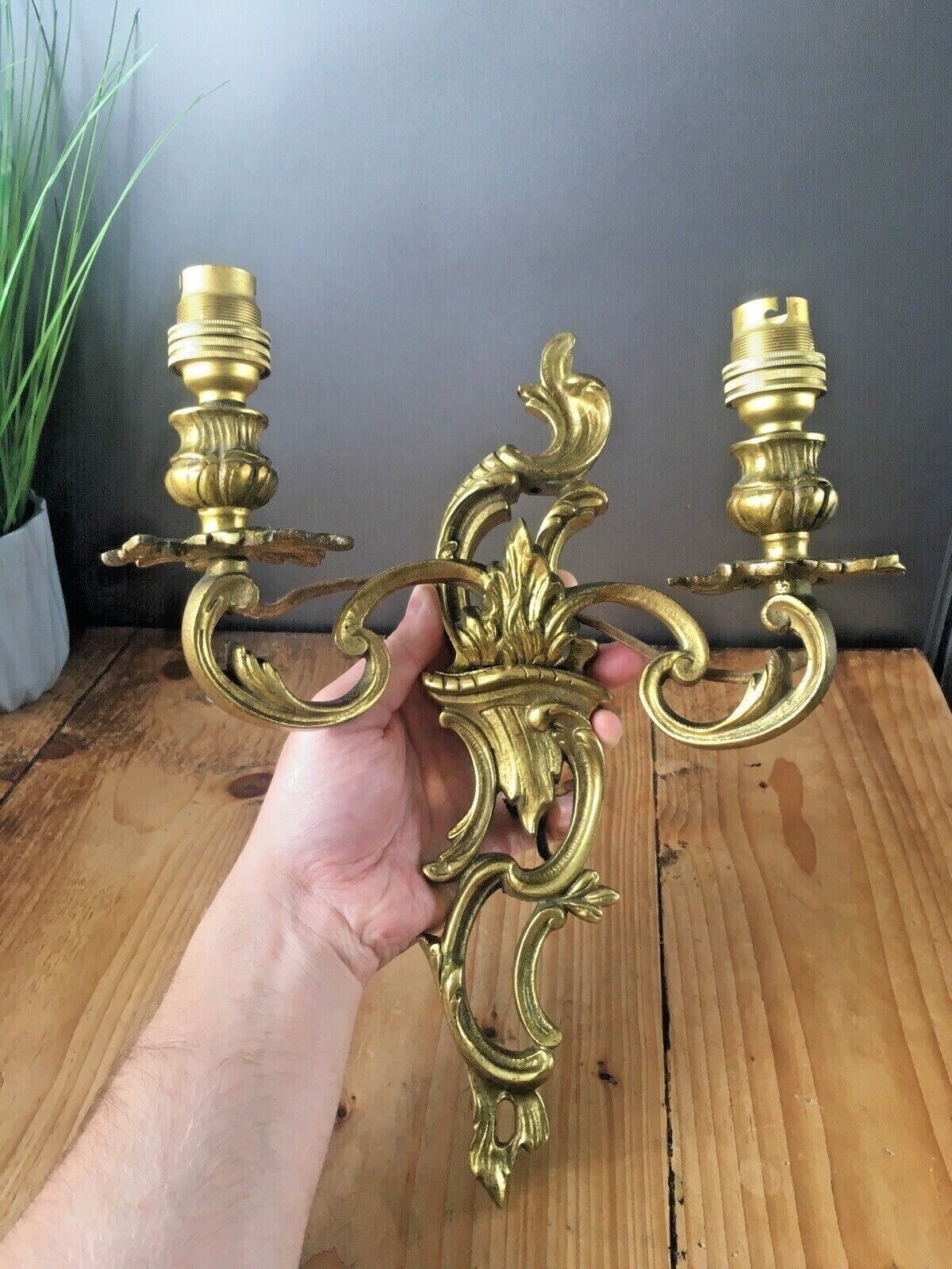 Antique French Louis XV Style Heavy Brass / Bronze Twin Wall Light Candle Sconce photo Lighting