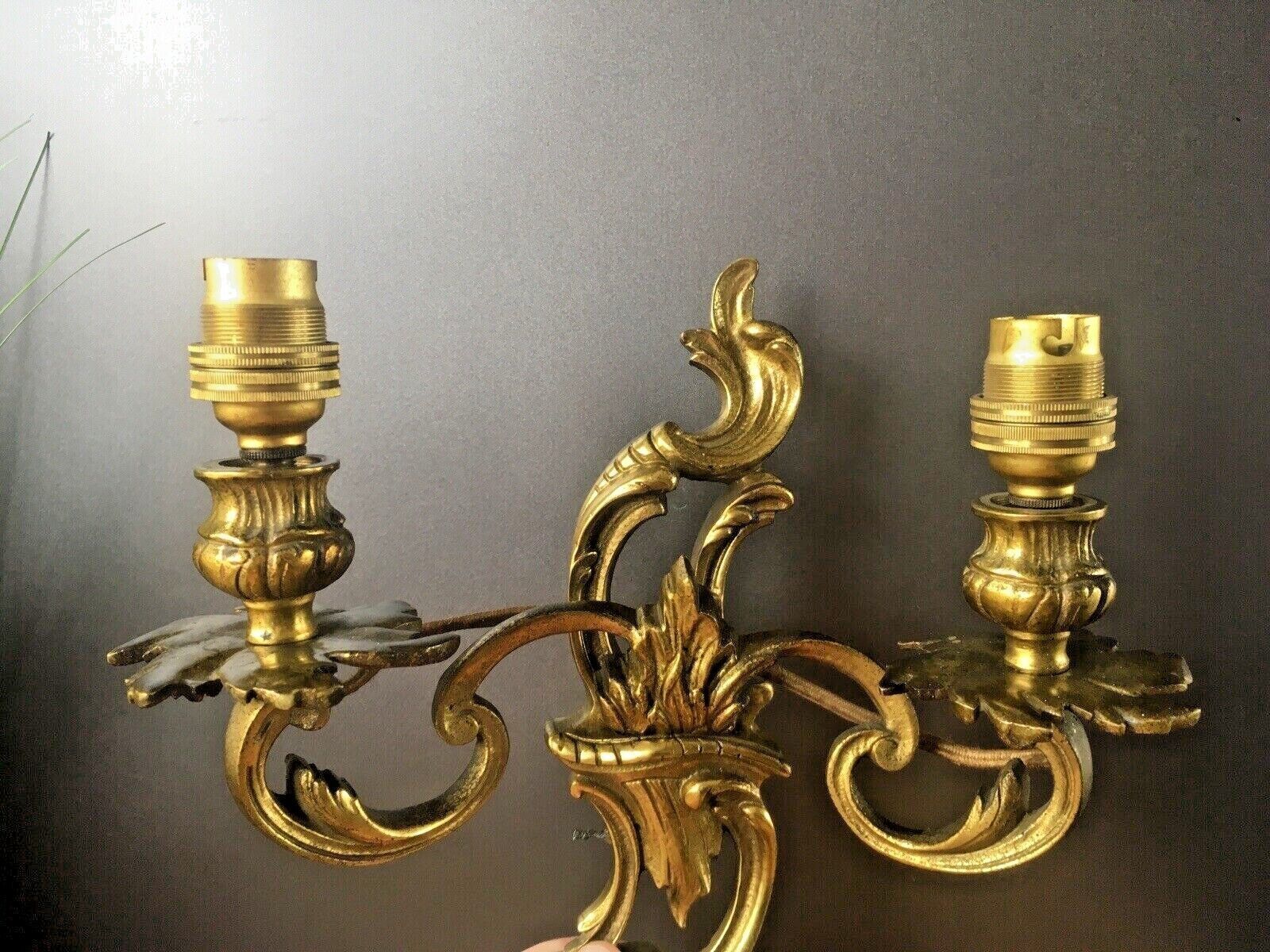 Antique French Louis XV Style Heavy Brass / Bronze Twin Wall Light Candle Sconce photo 195.0