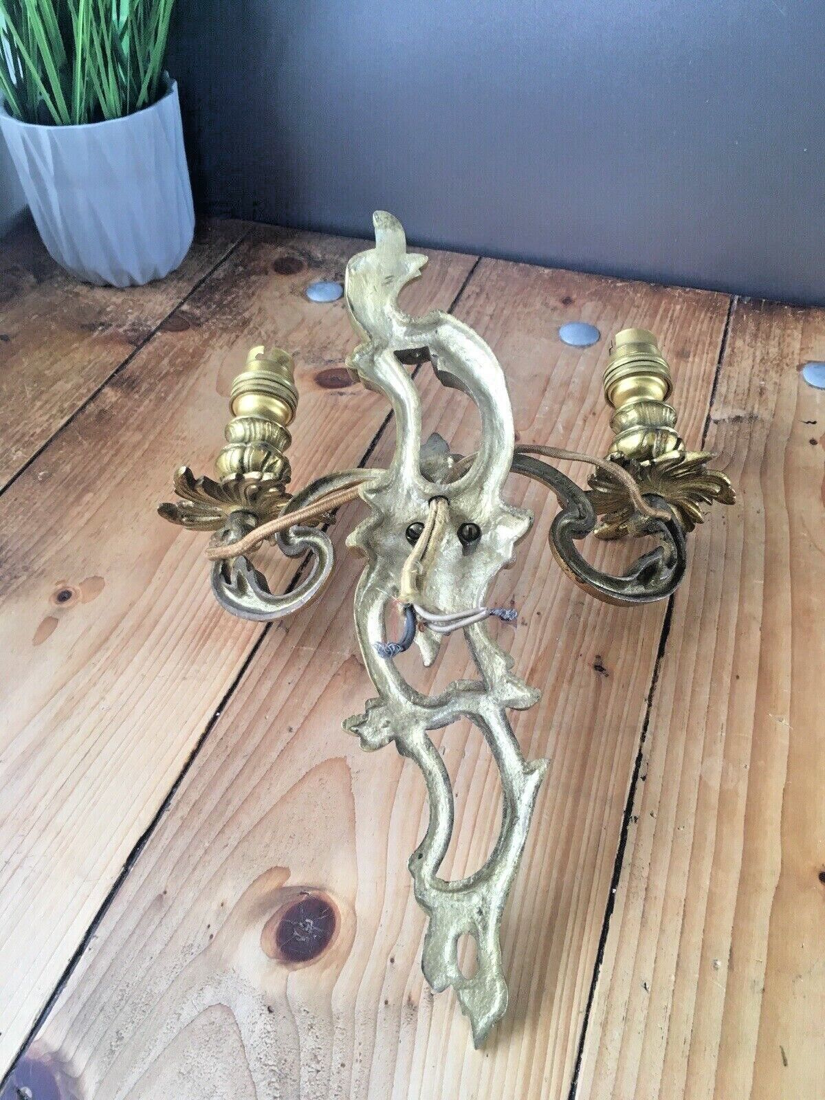 Antique French Louis XV Style Heavy Brass / Bronze Twin Wall Light Candle Sconce photo vinterior
