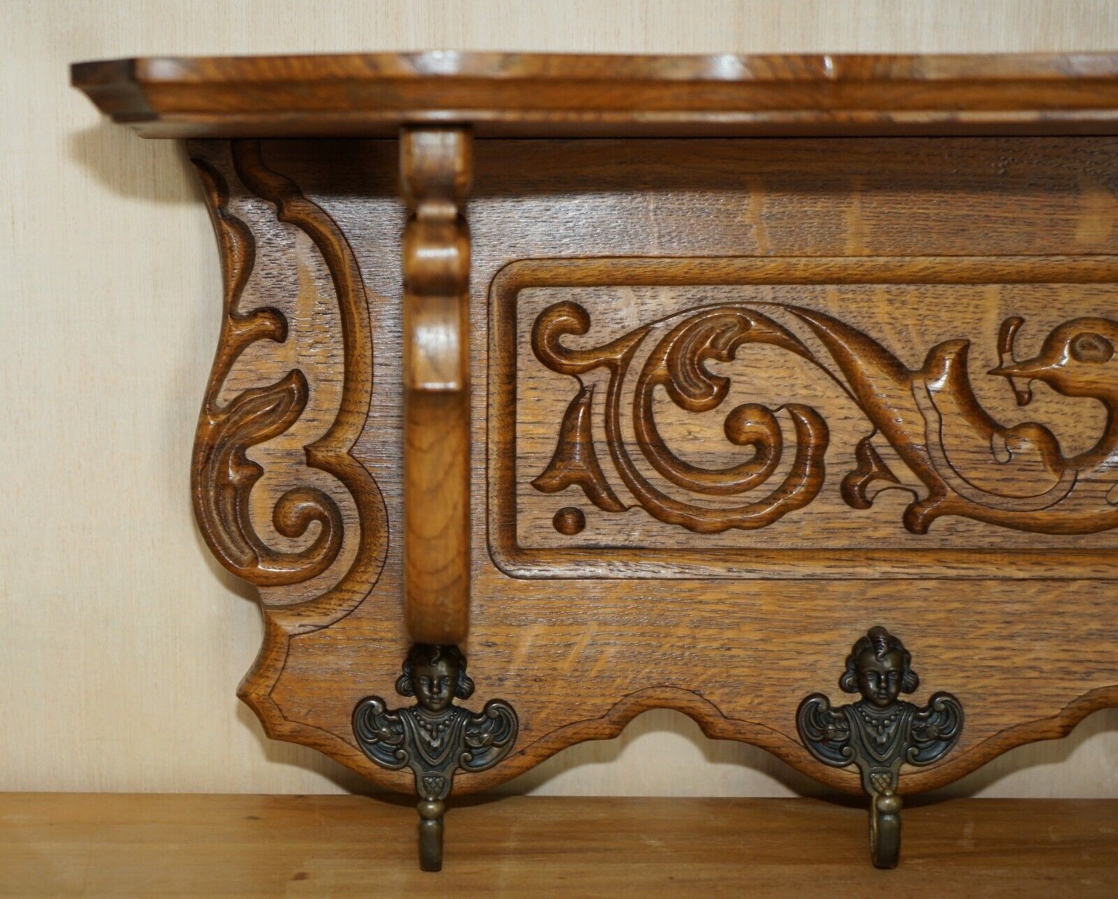 Ornately Carved Cherub Dutch Oak Coat Hat Scarf Wall Rack Hanger Bronze Hooks photo for sale