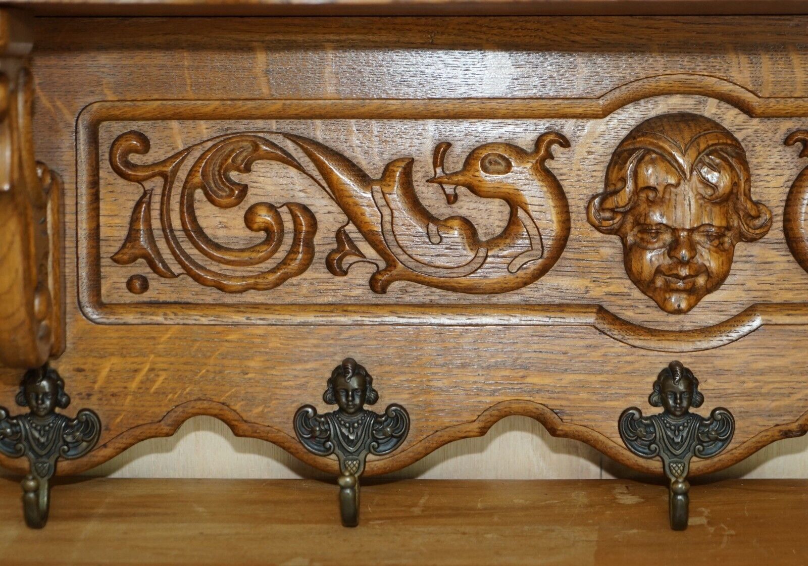Ornately Carved Cherub Dutch Oak Coat Hat Scarf Wall Rack Hanger Bronze Hooks photo Furniture
