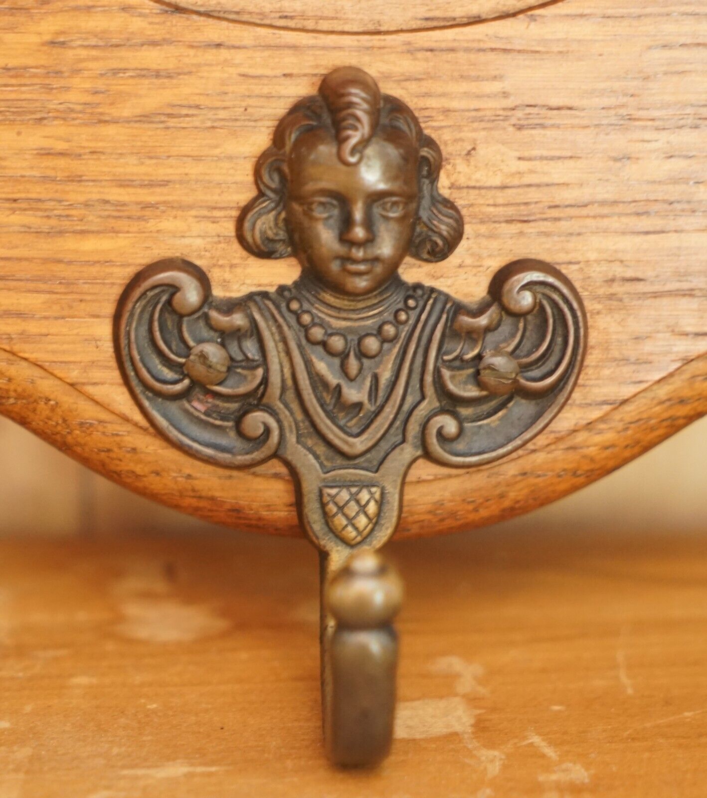 Furniture Ornately Carved Cherub Dutch Oak Coat Hat Scarf Wall Rack Hanger Bronze Hooks photo