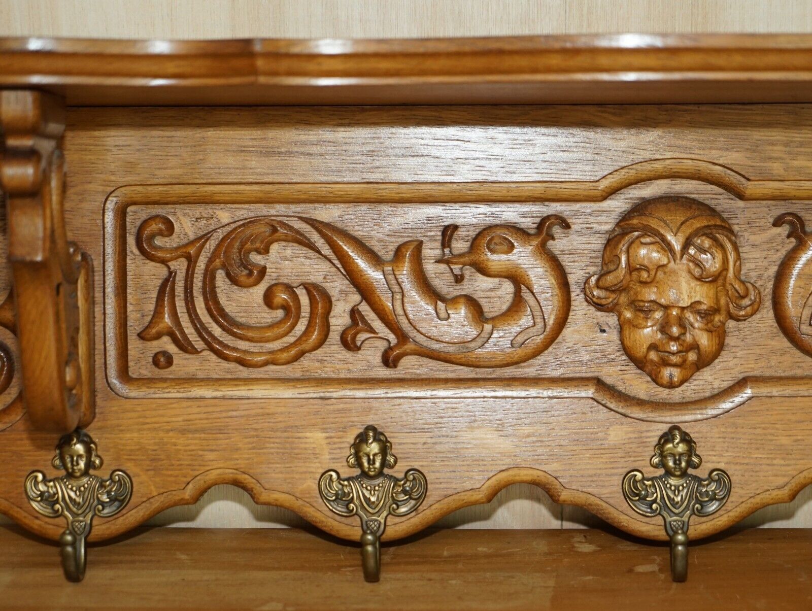Ornately Carved Cherub Dutch Oak Coat Hat Scarf Wall Rack Hanger Royal Hooks photo Furniture