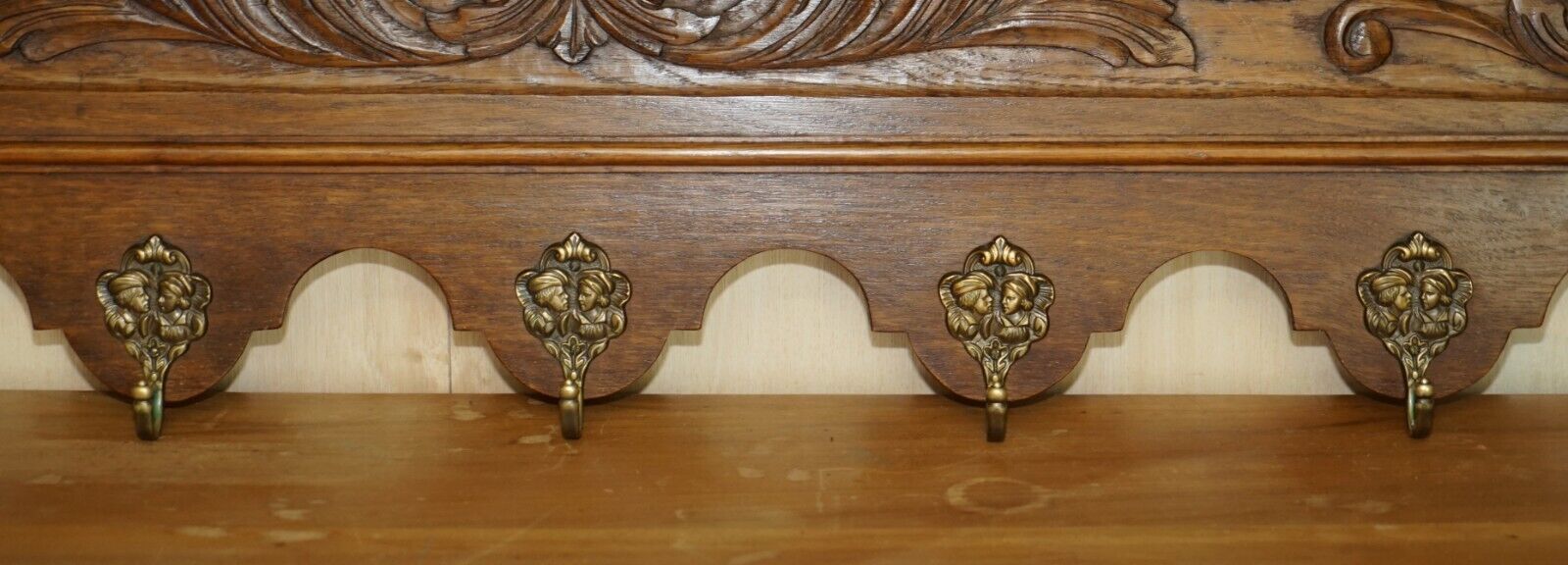 Lovely Dutch Heavily Carved Oak Coat Hat Scarf Wall Rack Hanger Romantic Hooks photo 1350.0