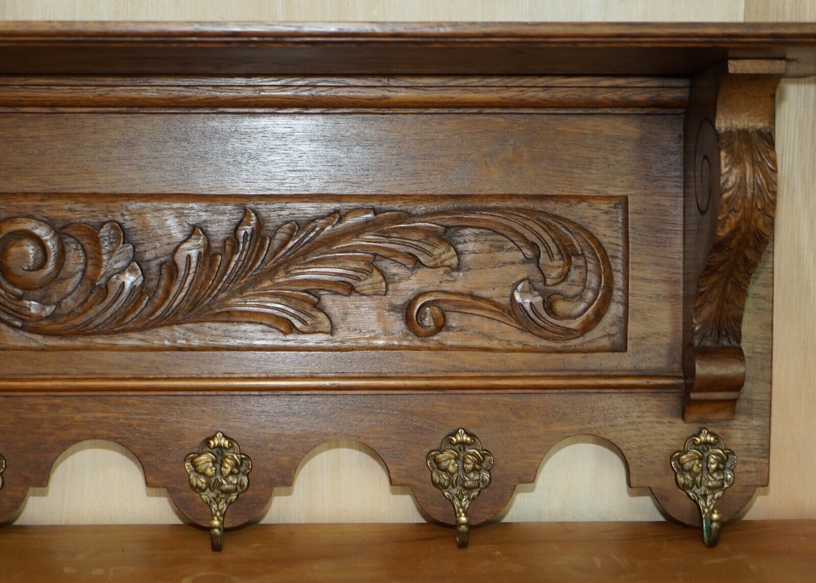 Lovely Dutch Heavily Carved Oak Coat Hat Scarf Wall Rack Hanger Romantic Hooks photo vinterior