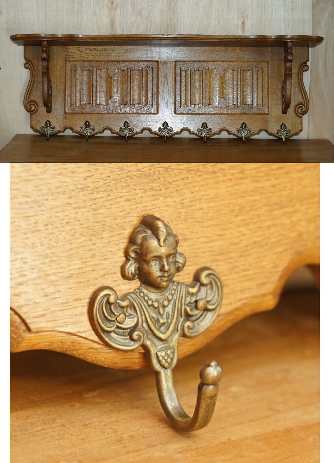Elegent Dutch Carved Oak Coat Hat Scarf Wall Rack Hanger French Royal Hooks