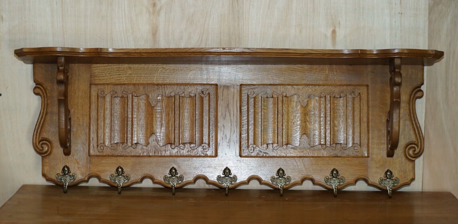 Elegent Dutch Carved Oak Coat Hat Scarf Wall Rack Hanger French Royal Hooks photo furniture