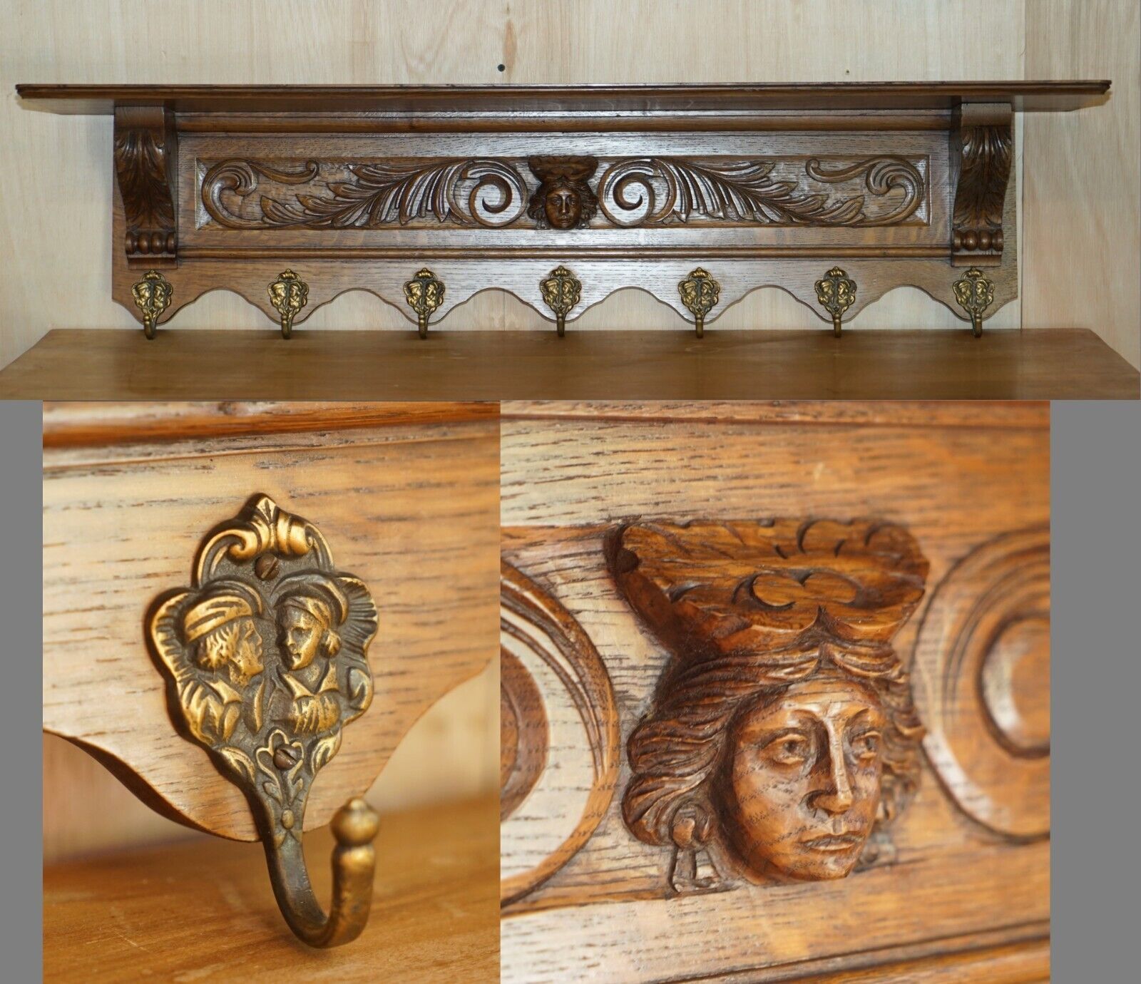 Fine Dutch Heavily Carved Oak Coat Hat Scarf Wall Rack Hanger Romantic Hooks