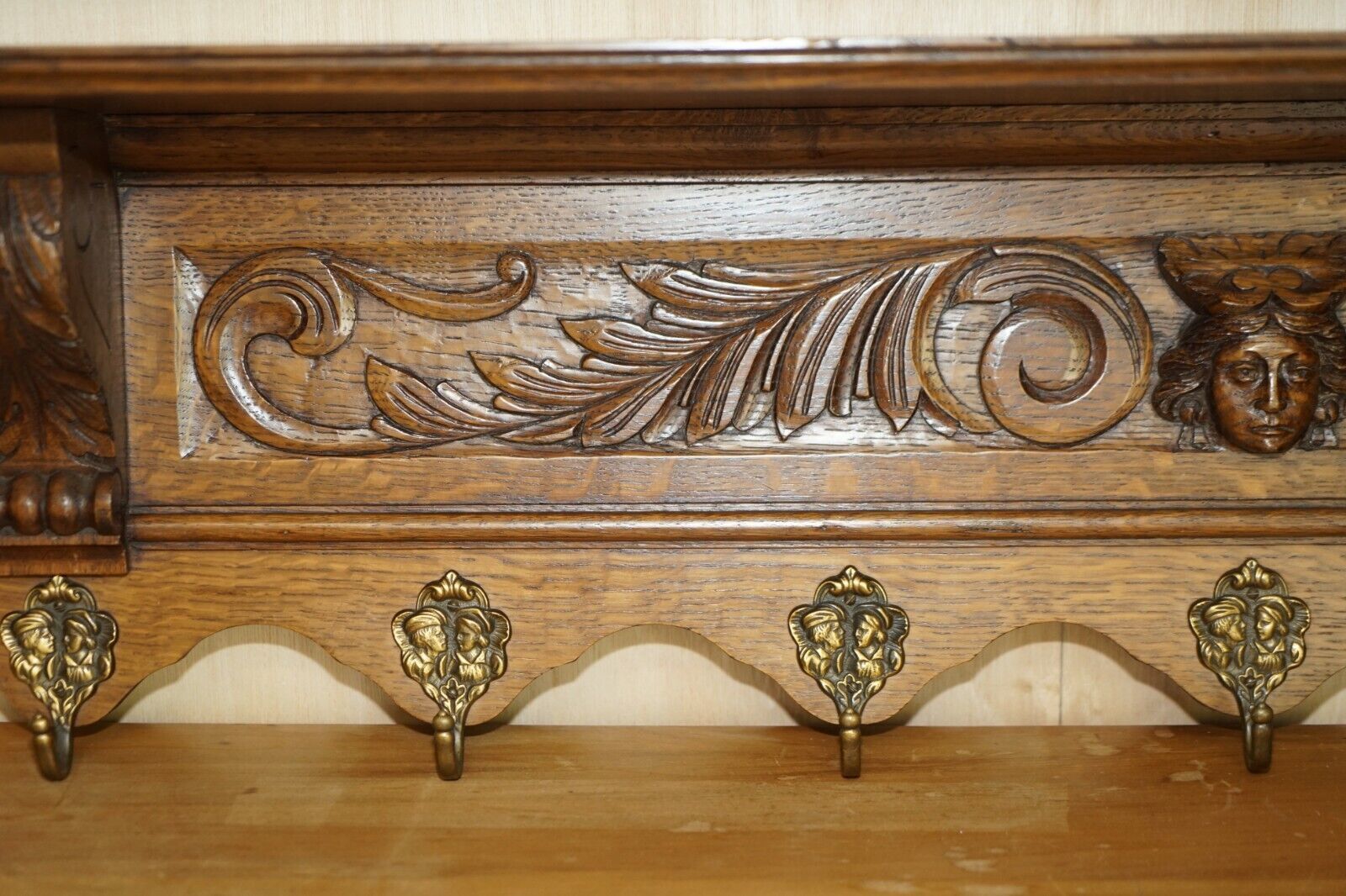 Fine Dutch Heavily Carved Oak Coat Hat Scarf Wall Rack Hanger Romantic Hooks photo Furniture