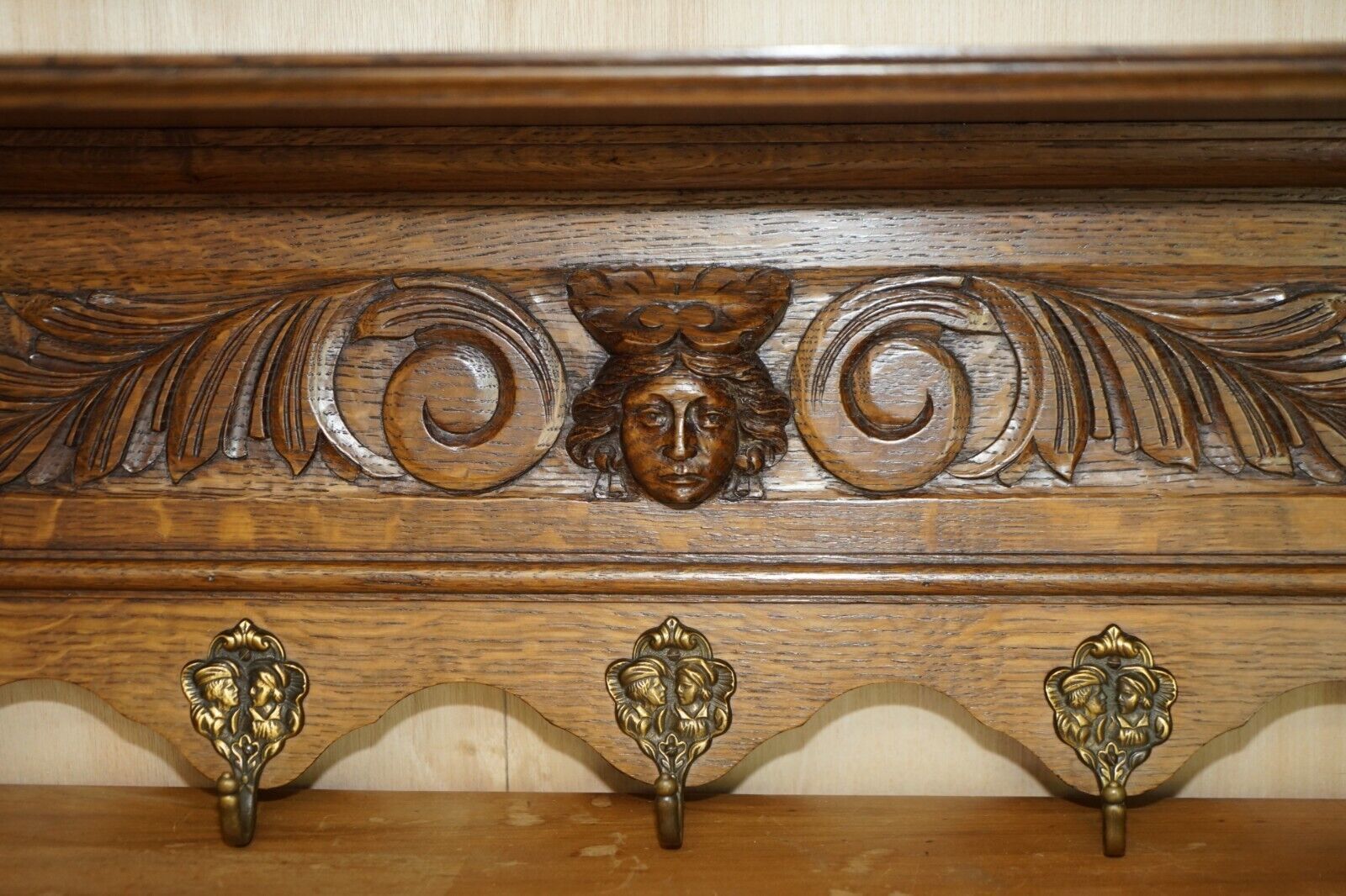 Fine Dutch Heavily Carved Oak Coat Hat Scarf Wall Rack Hanger Romantic Hooks photo 1350.0