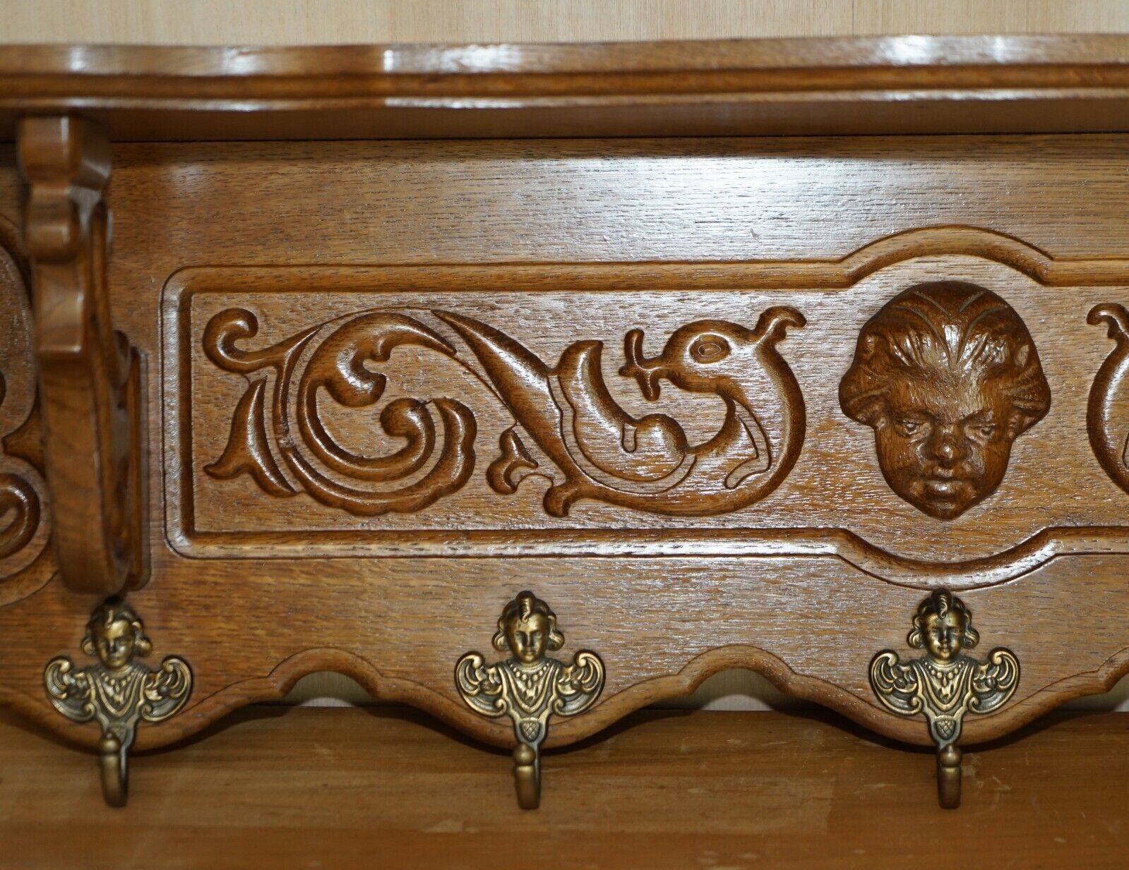 Finely Dutch Carved Cherub Oak Coat Hat Scarf Wall Rack Hanger Royal Hooks photo Furniture