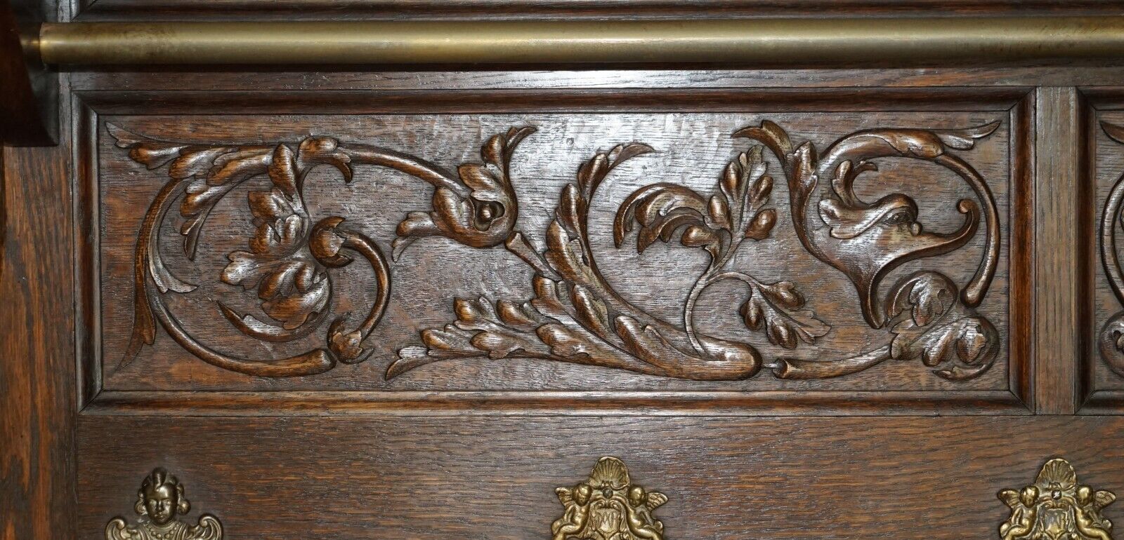Large Antique Dutch Fine Carved Oak Coat Hat Scarf Wall Rack Hanger Cherub Hooks photo Furniture