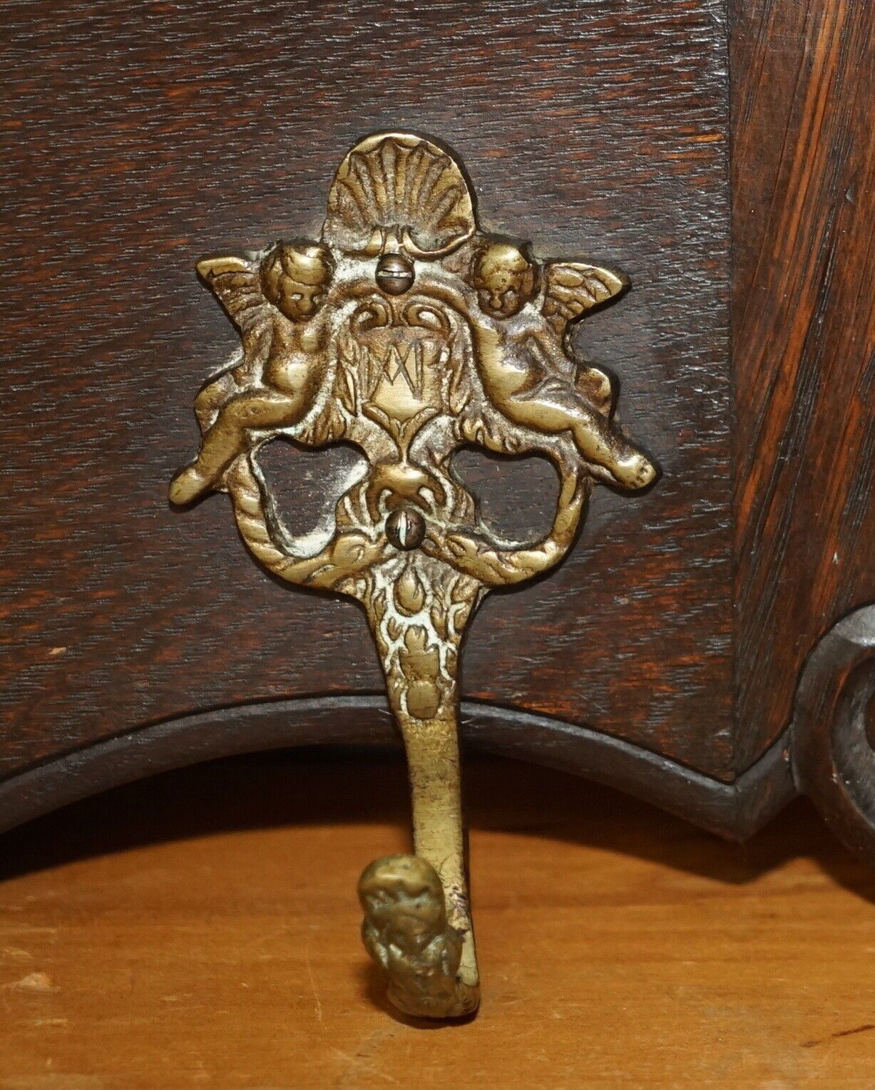 Large Antique Dutch Fine Carved Oak Coat Hat Scarf Wall Rack Hanger Cherub Hooks photo vinterior