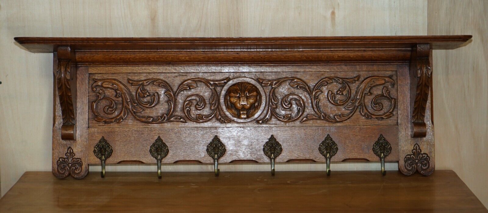 Fine Dutch Heavily Carved Oak Coat Hat Scarf Wall Rack Hanger Lion Head Carved photo furniture