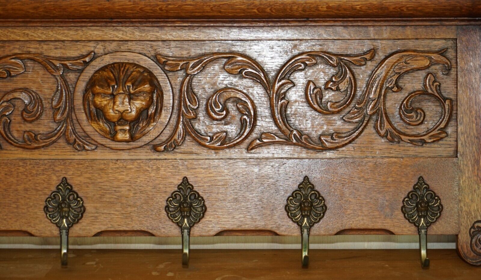 Fine Dutch Heavily Carved Oak Coat Hat Scarf Wall Rack Hanger Lion Head Carved photo 1350.0