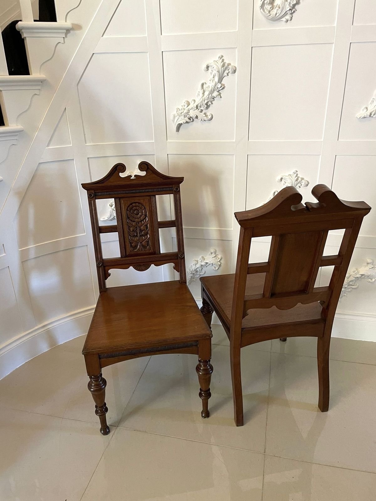 1325.0 Pair Of Quality Antique Carved Walnut Hall Chairs photo