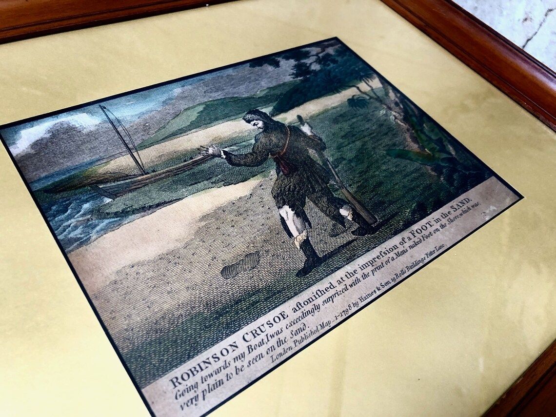 Antique 1798 Robinson Crusoe Print  Footprint In The Sand  Haines & Son London photo furniture