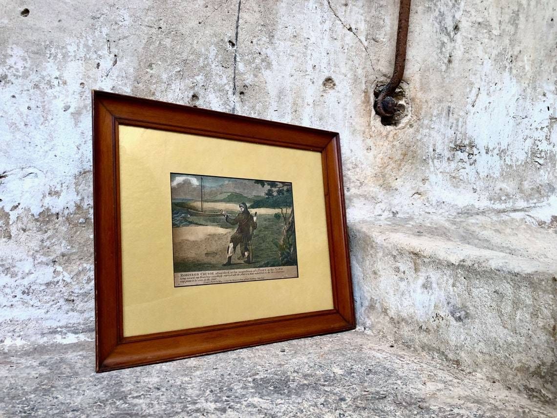Antique 1798 Robinson Crusoe Print  Footprint In The Sand  Haines & Son London photo vinterior