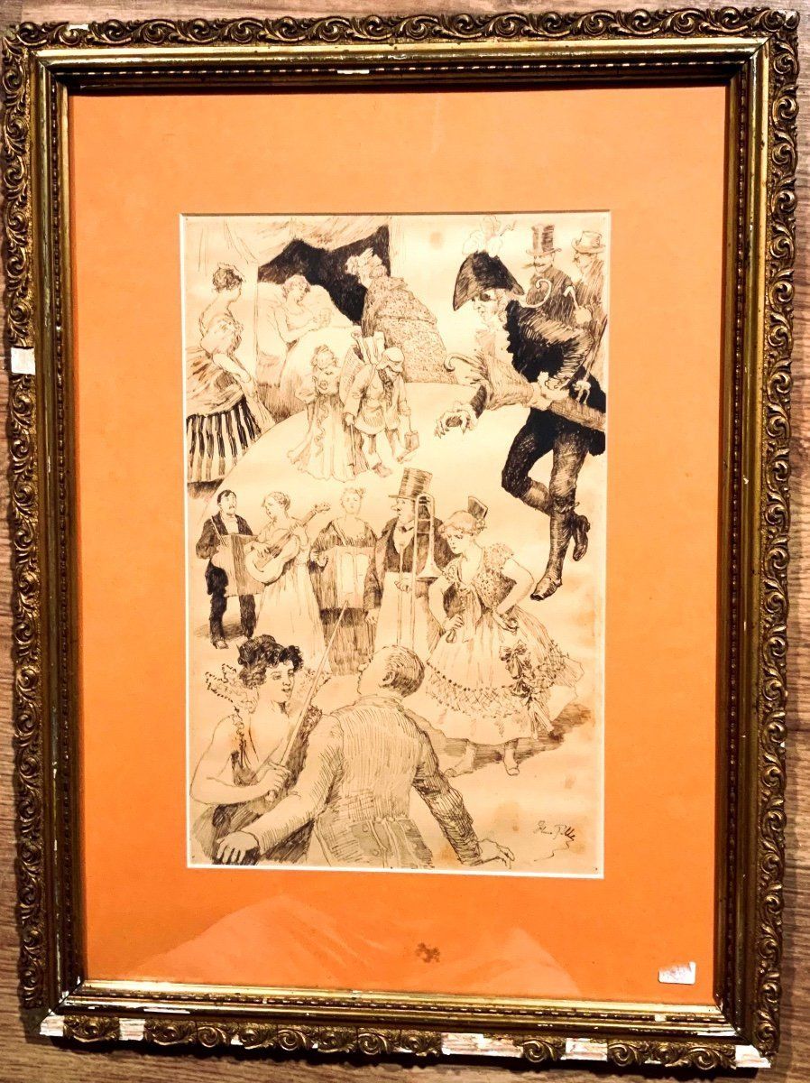 Chinese Ink Drawing "Scenes From Cabaret" By Maurice Pille